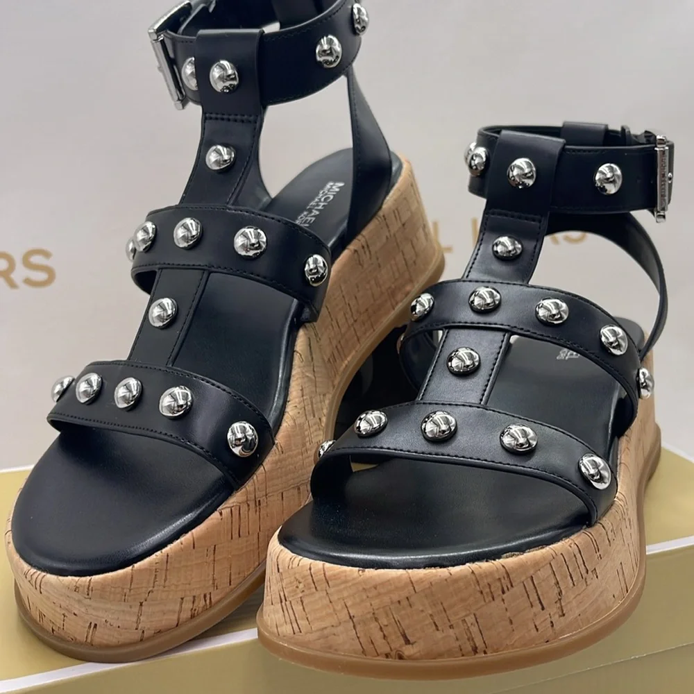 MICHAEL KORS Selah Studded Platform Gladiator Silver Studded Sandal Black  New
